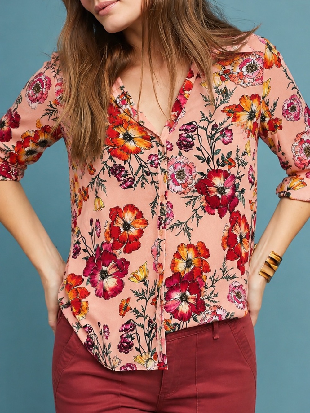 Express Portofino Shirt Slim Fit Floral Button Down Blouse Medium
